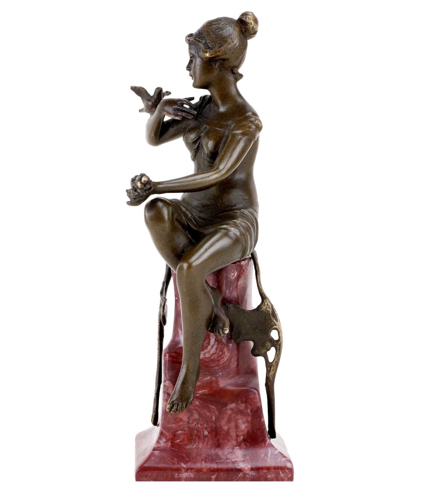 Kunst & Ambiente Jugendstil Figur Aus Bronze - Frau Mit Taube - Signiert F. Preiss Wholesale