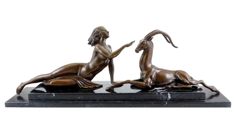 Kunst & Ambiente Weiblicher Akt Mit Gazelle - Art Deco Bronze - M. Bouraine Online