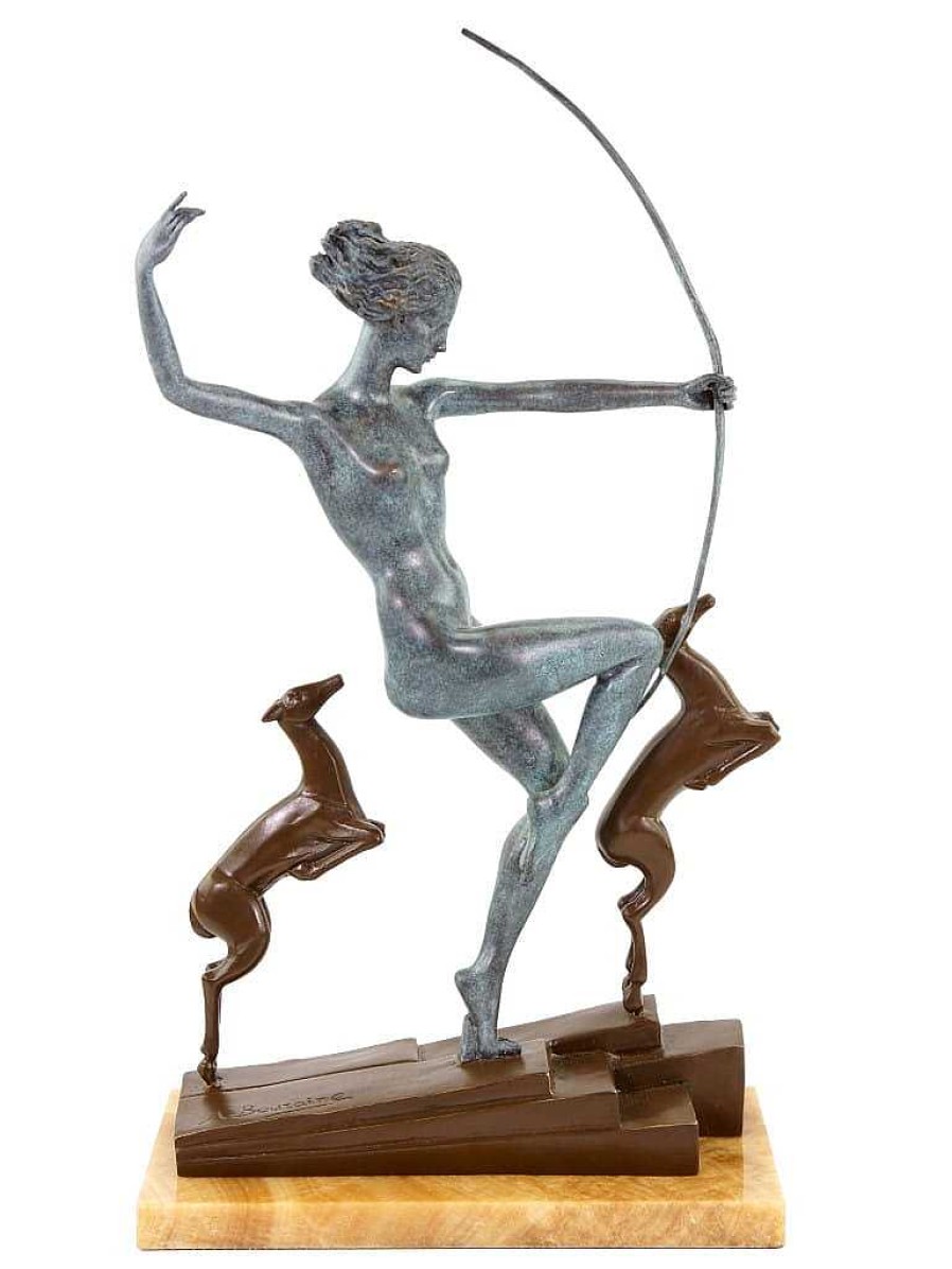 Kunst & Ambiente Art Deco Bronze - Diana With Fawns - Signiert A. Bouraine Hot