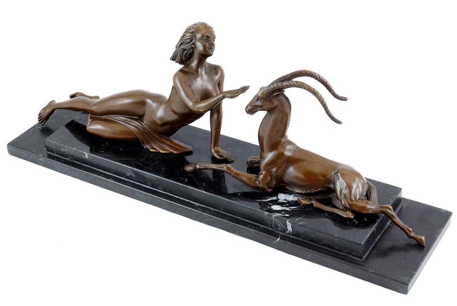 Kunst & Ambiente Weiblicher Akt Mit Gazelle - Art Deco Bronze - M. Bouraine Online