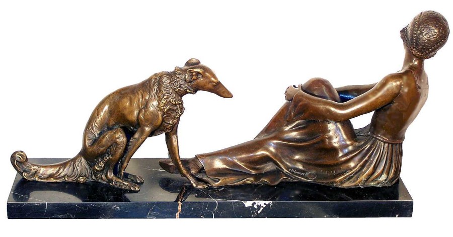 Demétre Haralamb Chiparus Art Deco Bronze Frau Mit Hund Signiert Chiparus Auf Marmorsockel Online