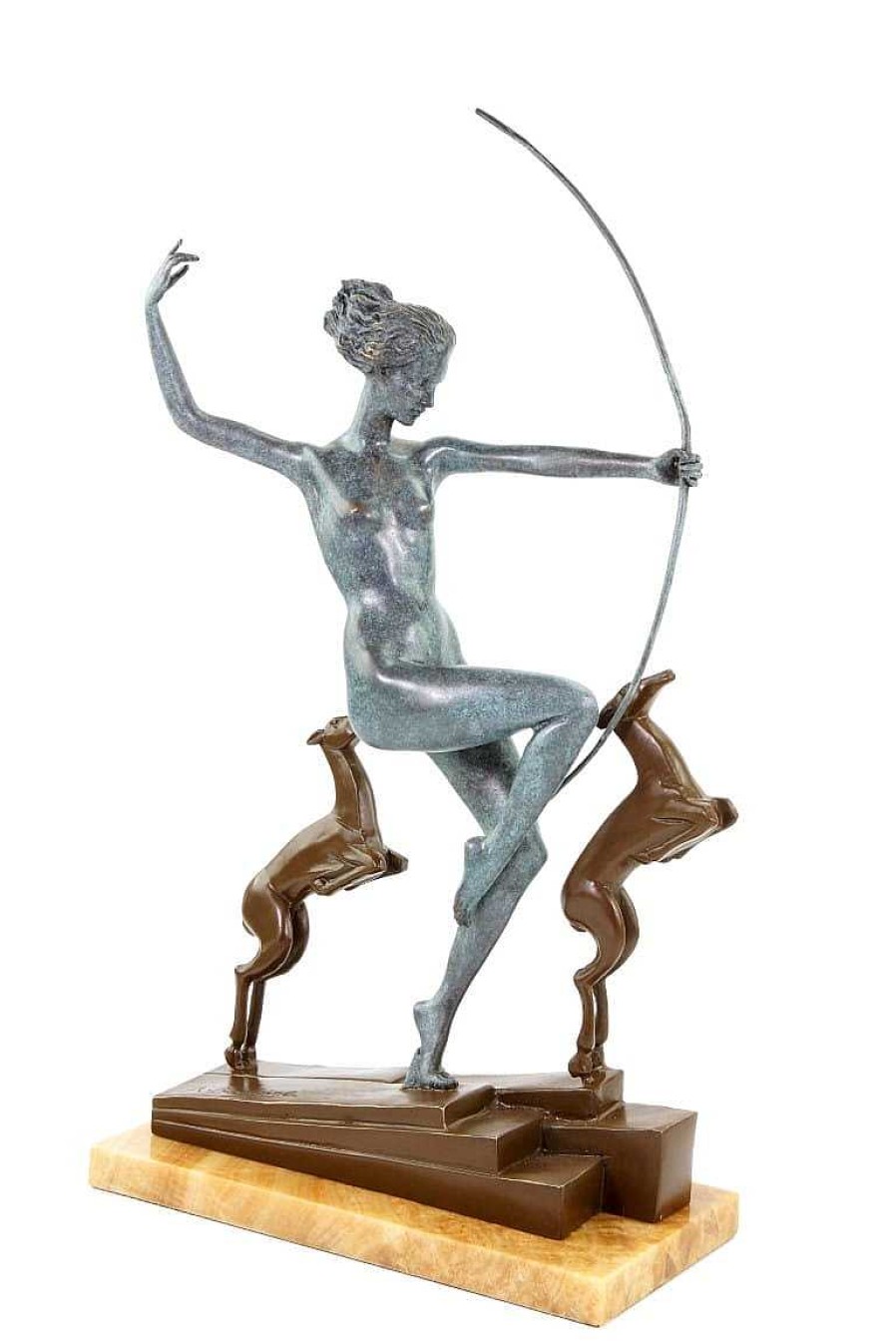 Kunst & Ambiente Art Deco Bronze - Diana With Fawns - Signiert A. Bouraine Hot