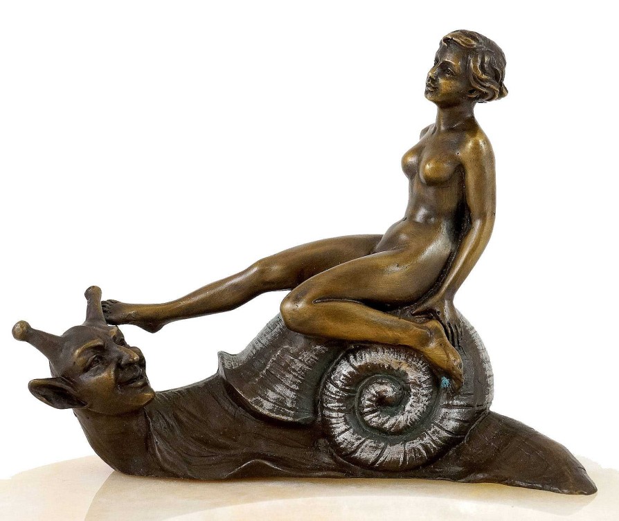 Kunst & Ambiente Wiener Bronzefigur Auf Marmorschale - Frauenakt Auf Schnecke Hot