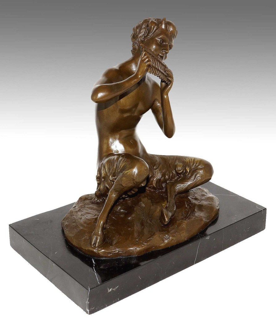 Kunst & Ambiente Mythologie Bronzefigur - Sitzender Satyr / Faun Spielt Panflote - Signiert Milo Clearance